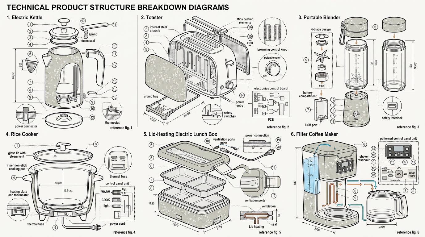Technical product structure breakdown diagrams for all 6 appliance categories